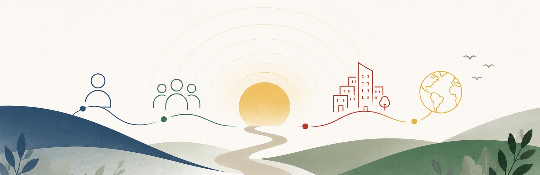Illustration showing individual growth leading to stronger teams, thriving organizations, and a better world.